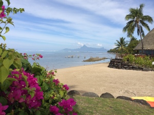 Mysterious Moorea in the distance from the beach at Le Meridien.